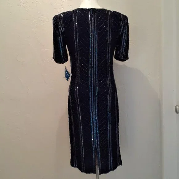 NWT VINTAGE SWEE LO Handmade Beaded & Sequin Navy Blue Cocktail Dress Deadstock - Picture 8 of 13